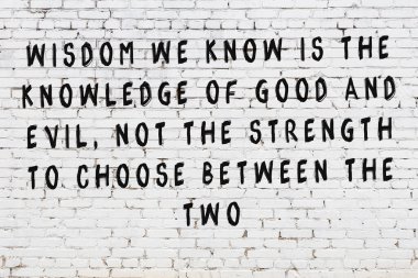 Beyaz tuğla duvara zekice alıntılar yazılı siyah bir yazı.
