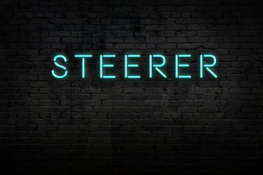 Neon işareti. Kelime, tuğla duvara karşı. Gece görünümü