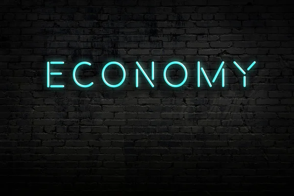 Нічний вигляд неонового знака на цегляній стіні з економікою написів — стокове фото