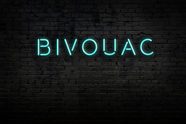 Neon işareti. Kelime duvarlara karşı ordugâh. Gece görünümü