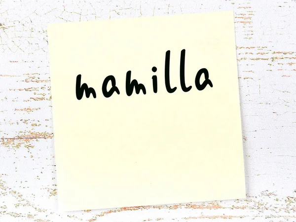 Sárga ragacsos jegyzet a fa falon kézzel írott szóval mamilla — Stock Fotó