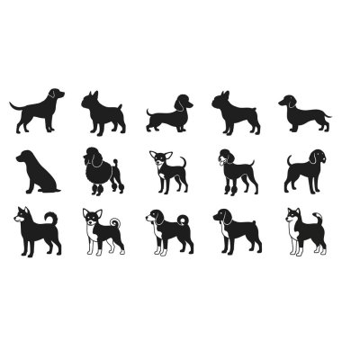Türleri ve duruşları geniş bir yelpazede sergilenen siyah köpek siluetlerinin küratörleştirilmiş hali. Evcil hayvanları, köpek temalarını ve açık hava maceralarını temsil etmek için ideal. Çeşitli tasarım için çok yönlü