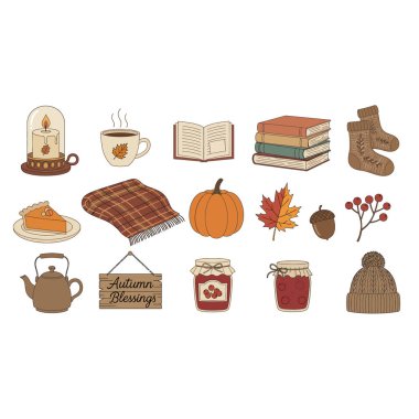 Hasat kutlamaları ve rahat mevsimlik tasarımlar için mükemmel sonbahar temalı ikonlar. Balkabakları, turtalar, içecekler, kitaplar ve köylü aksanları içerir..
