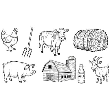 Domuz, inek, tavuk, keçi, ahır, saman balyası ve çiftlik aletleri de dahil olmak üzere el yapımı tarım elementlerinin büyüleyici bir koleksiyonu. Kırsal ve tarımsal tasarımlar için mükemmel..