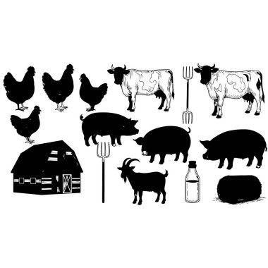 İnek, domuz, tavuk ve keçi gibi çiftlik hayvanlarının bulunduğu siyah siluet simgelerinin yanı sıra ahır yapıları ve tarım aletleri. Kırsal tarım temaları ve kırsal yaşam tasarımları için ideal
