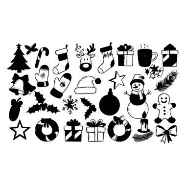 Ağaçlar, çoraplar, hediyeler, kardan adamlar ve süsler de dahil olmak üzere çeşitli el yapımı Noel ikonları koleksiyonu. Bayram tasarımları ve kış kutlamaları için mükemmel..