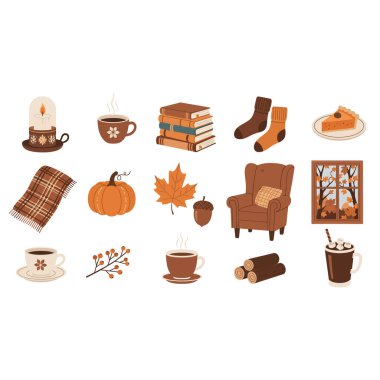 Sonbaharın sıcaklığını bu hoş sonbahar elementleri koleksiyonuyla kucaklayın. Mevsimlik tasarımlar için mükemmel. Bu set içecekleri, kitapları, balkabaklarını ve daha fazlasını içeriyor..