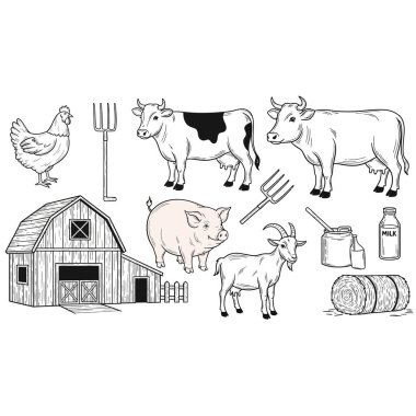 Bir tavuk ineği domuz keçisi ve ahır da dahil olmak üzere çiftlik hayvanlarını tasvir eden el yapımı büyüleyici bir koleksiyon. Ayrıca saman balyaları yabaları ve süt sürahisi gibi tarım unsurları da yer alıyor..