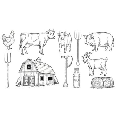 Çiftlik hayatının özünü, içinde bir ahır, inek, tavuk, keçi ve gerekli tarım araçlarının bulunduğu bu büyüleyici siyah beyaz çizimle yakalayın. Projelerinize kırsal bir dokunuş eklemek için mükemmel.