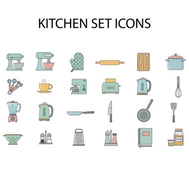 Mutfak gereçleri ve mutfak aletleri koleksiyonu. Mutfak grafikleri, yemek tarifi uygulamaları ya da yemek pişirme siteleri için mükemmel. Mutfağın net bir şekilde temsil edilmesi için modern ve temiz bir estetik.