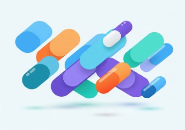 Değişik renkli hapların ve kapsüllerin dinamik bir kompozisyonda dağılmış ve yüzen canlı, soyut bir çizimi..