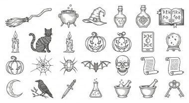 Çeşitli cadılar bayramı ve cadılık öğelerini içeren detaylı bir illüstrasyon, hepsi de temiz beyaz arka planda izole edilmiş..