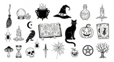 Düz beyaz arka planda tek bir element olarak sunulan çeşitli cadı, ürkütücü ve büyülü semboller..