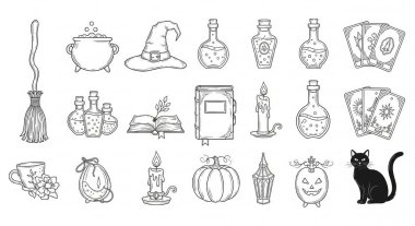 El yapımı cadılar bayramı ve cadılık ikonlarının tuhaf bir koleksiyonu, hepsi temiz beyaz bir arkaplanda izole edilmiş..