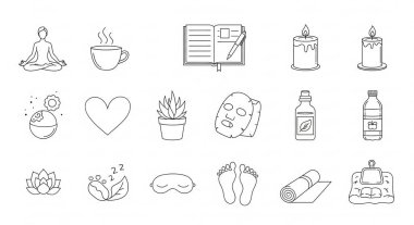 Beyaz bir arka planda izole edilmiş, çeşitli sağlık ve kendine bakım unsurlarını tasvir eden bir dizi çizgi sanat simgesi..