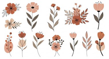 Çeşitli şekillendirilmiş çiçek elementleri ve soluk toprak renkte yapraklar, temiz beyaz bir arkaplanda izole edilmiş olarak sunuluyor..