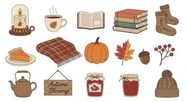 Beyaz bir arka planda izole edilmiş balkabağı, turta ve samimi eşyalar içeren sonbahar temalı büyüleyici bir koleksiyon..