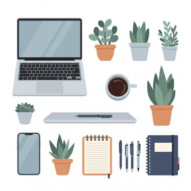 Bir dizüstü bilgisayar, bitki, kahve ve kırtasiye malzemesi de dahil olmak üzere modern ofis malzemelerinin hepsi beyaz arka planda izole edilmiş..