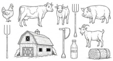 Beyaz arka planda izole edilmiş çeşitli çiftlik hayvanları, bir ahır ve aletlerin yer aldığı büyüleyici bir el çizimi..