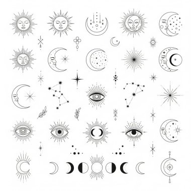 Göksel ve mistik çizgilerden oluşan bir sanat sembolü koleksiyonu. Güneş, ay, yıldız, takımyıldız ve beyaz bir arkaplanda izole edilmiş gözler..