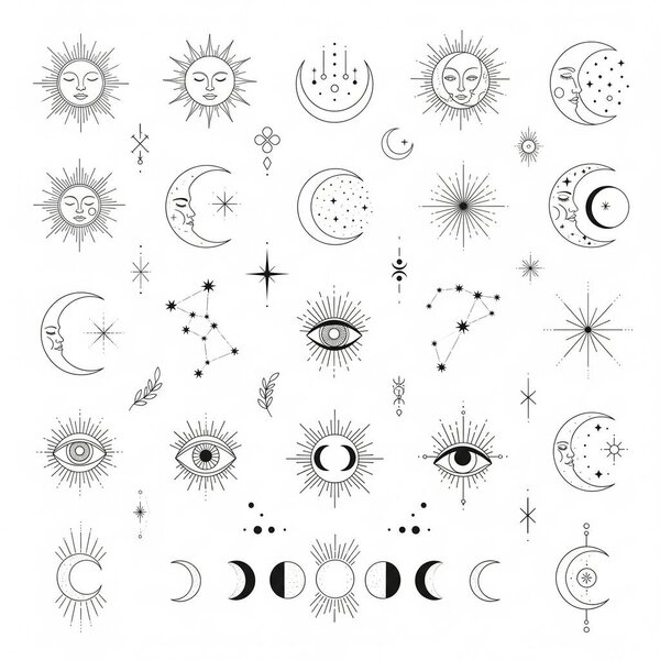 A collection of celestial and mystical line art symbols including suns, moons, stars, constellations, and eyes isolated on a white background.