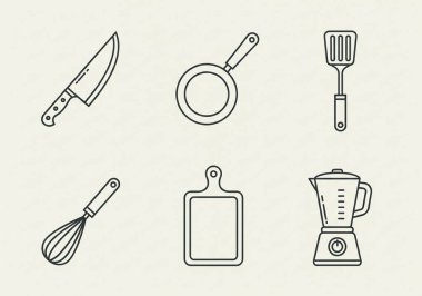 Mutfak aletlerini ve yemek pişirme aletlerini temsil eden basit, modern çizgi sanat simgelerinin bir koleksiyonu.