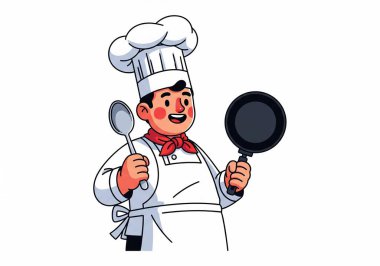 Beyaz üniformalı, şapkalı, elinde kaşık ve tavayla neşeli bir çizgi film şefi..