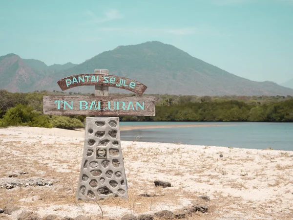 Sejile Sahili, Baluran Ulusal Parkı, Doğu Java 'daki tahta tabela anıtı. Kumlu sahili, berrak denizi ve mangrov ormanı olan tropikal bir yaz merkezi. Seyahat ve doğa temaları için mükemmel..