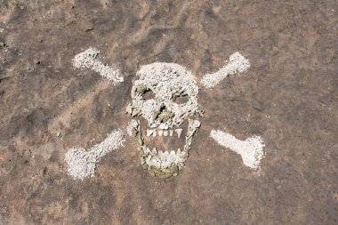 Kumun üzerine yerleştirilmiş beyaz mercan parçalarından bir kafatası ve çapraz kemikler korsan uyarı işaretini andırıyor. Sahilde karanlık, kırsal bir geçmişi olan yaratıcı bir doğal sanat gösterisi..