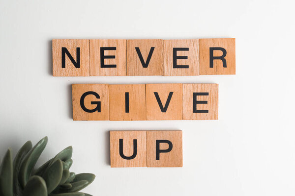 Wooden Scrabble tiles with the letters "Never Give Up" on a white background. The word "Never Give Up" is written on a wooden piece or wooden cube.