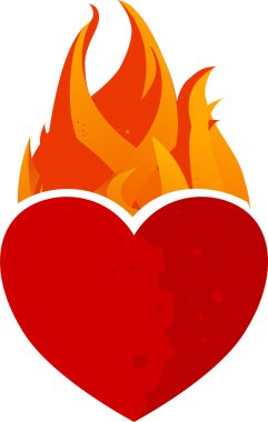 Kırmızı kalp parlak turuncu alevlerle yanıyor.