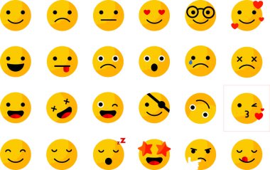 Değişik duygular gösteren çeşitli sarı emoji yüzlerinin bir derlemesi..