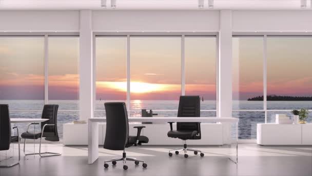 Blick aus dem Fenster im Büro am Abend Sonnenuntergang auf Meerwasser. Hintergrund Platte, Chroma Key Video Hintergrund
