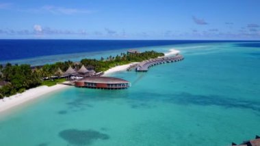 Lüks sahil yaban hayatının temiz deniz ve parlak kumlu arka planında insansız hava aracı seyahati