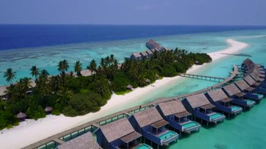 Lüks sahil kıyısı yaban hayatının sığ okyanus ve beyaz kum arka planının hava aracı deniz manzarası.