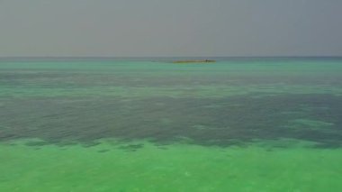 Deniz kıyısı yaban hayatının beyaz kumlu arka planına sahip mavi okyanus kenarındaki hava aracı panoraması