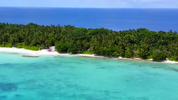 İnsansız hava aracı manzaralı güzel ada sahil gezisi mavi deniz kenarında beyaz kumlu arka plan — Stok video