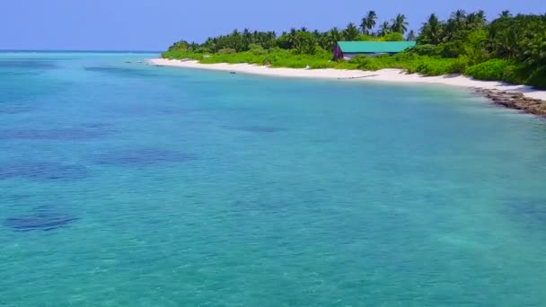 Drohnenflug von tropischen Insel Strand Pause durch flache See mit weißem Sand Hintergrund — Stockvideo