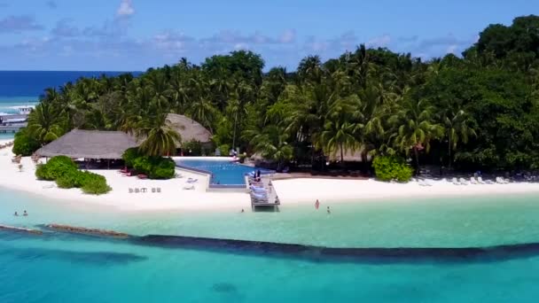 Aerial drone tourism of tranquil bay beach time by shallow lagoon with white sand background — Stock Video