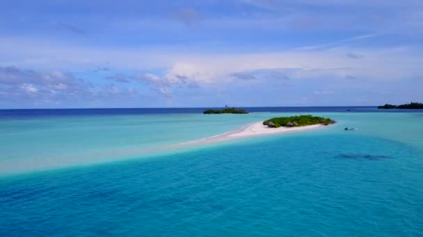 Воздушное беспилотное небо тропической береговой дикой природы на фоне синей лагуны и белого песка — стоковое видео