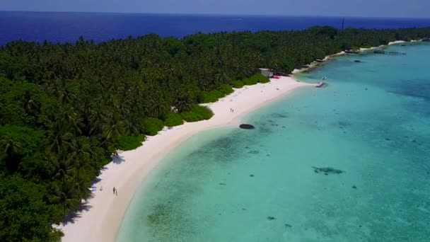 공중에서 보는 호화 로운 바 다 여행, 푸른 바 다 와 하얀 모래를 배경으로 한 해변 시간 — 비디오