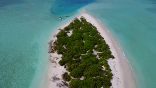 푸른 초호와 하얀 모래사장을 배경으로 하는 낙원 해변의 드론 파노라마 — 비디오