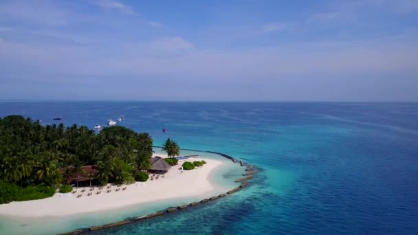 Aerial scenery of exotic bay beach trip by blue lagoon and bright sand background — Stock Video