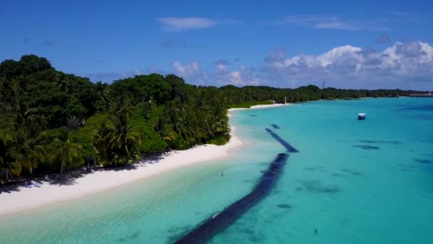 Aerial scenery of perfect island beach break by blue lagoon with white sand background — Stock Video