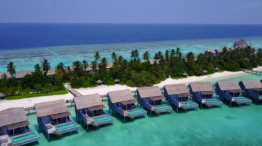 Gökyüzü drone deniz manzarası. Cennet gibi bir sahil yaban hayatı. Mavi lagünün yanında, beyaz kumlu arka planda.