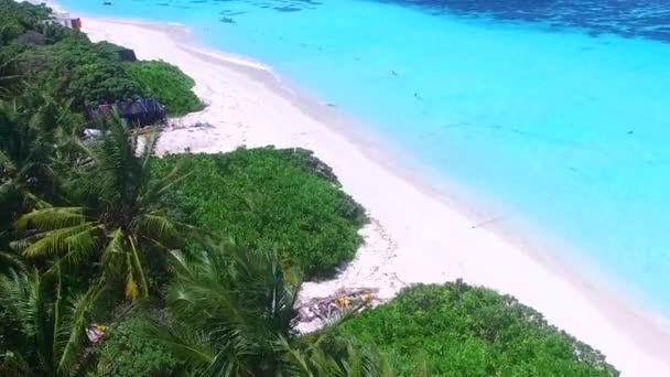 Textura aérea de dron de tranquilo viaje a la playa por aguas turquesas con fondo de arena blanca — Vídeo de stock