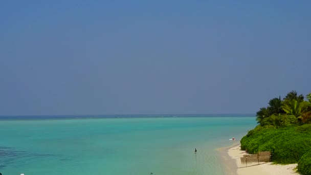 青いラグーンと白い砂の背景による海洋海岸線の休日の空中ドローンの海景 — ストック動画