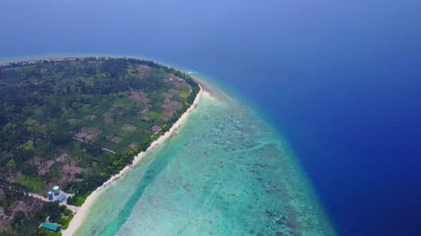 Aerial drone seascape of idyllic seashore beach voyage by blue sea with white sandy background — Stock Video