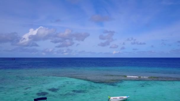 Aerial seascape of tropical tourist beach adventure by blue ocean with white sand background — Stock Video