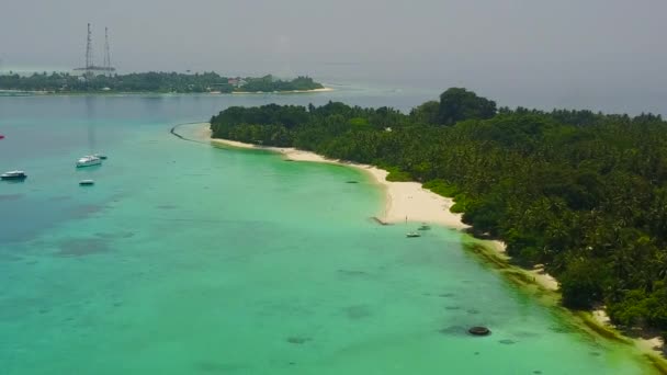 Cennet adasının hava aracı doğası sığ deniz ve beyaz kum arka planıyla yıkılıyor. — Stok video